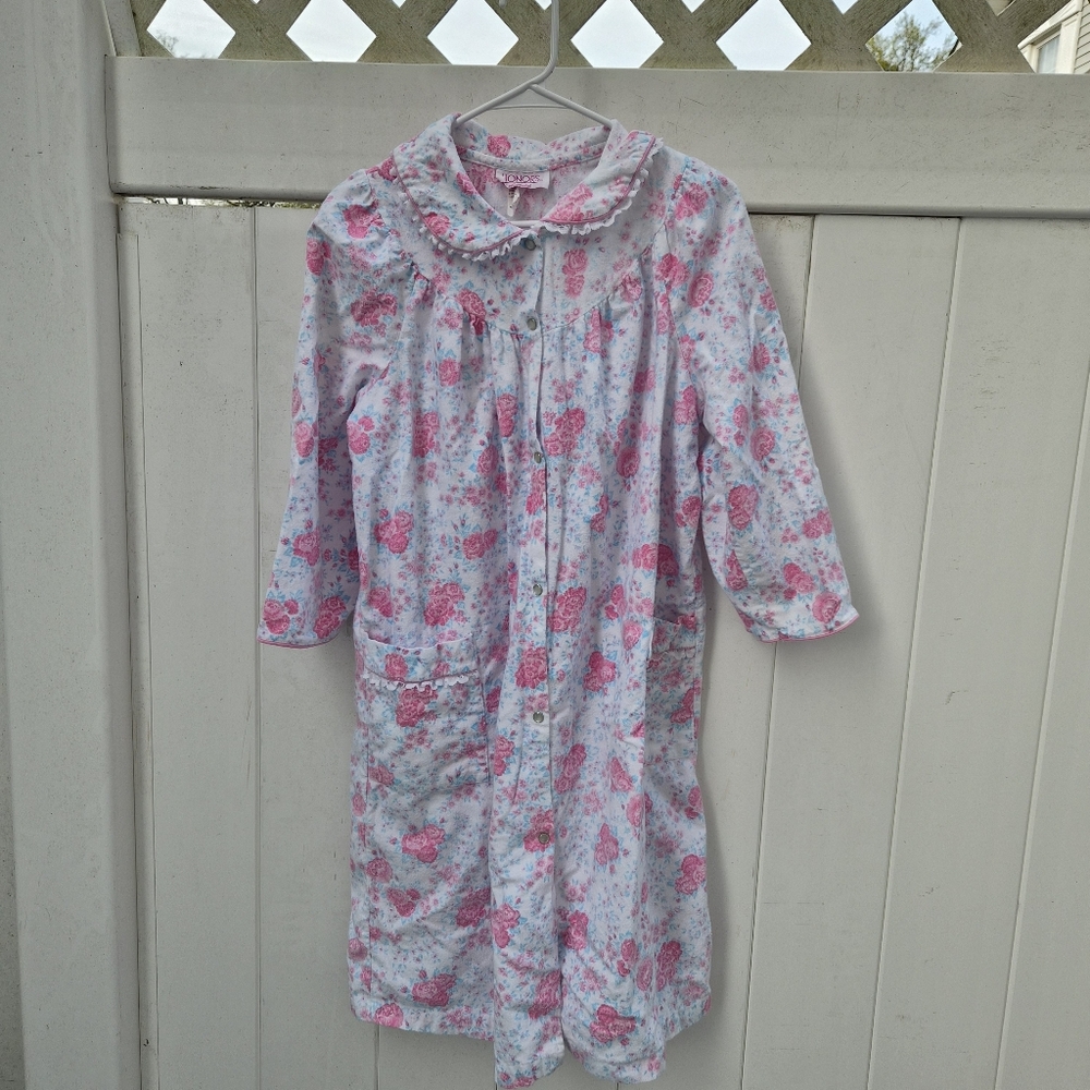 Honors Intimates Vintage 1X Pink Blue Floral Cotton Flannel Nightgown Pockets,